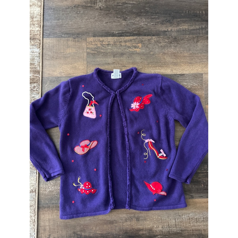 BonWorth Purple Red Hat Society Cardigan Sweater Embroidered Novelty Small